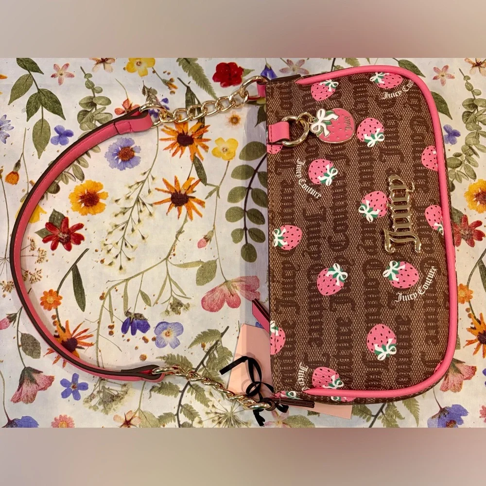 NWT JUICY COUTURE Pink Strawberry Print Shoulder Bag with 2 strawberry charm🍓 - Picture 10 of 13